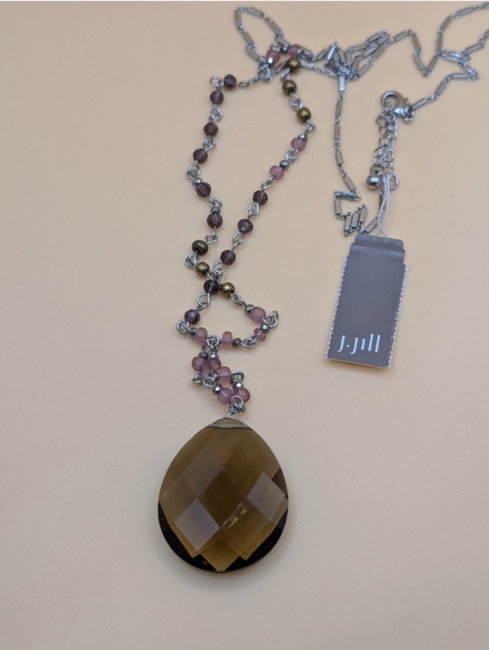 NWT J. Jill Smoky Faceted Teardrop Pendant Necklace w/ Multicolored Bead Accents